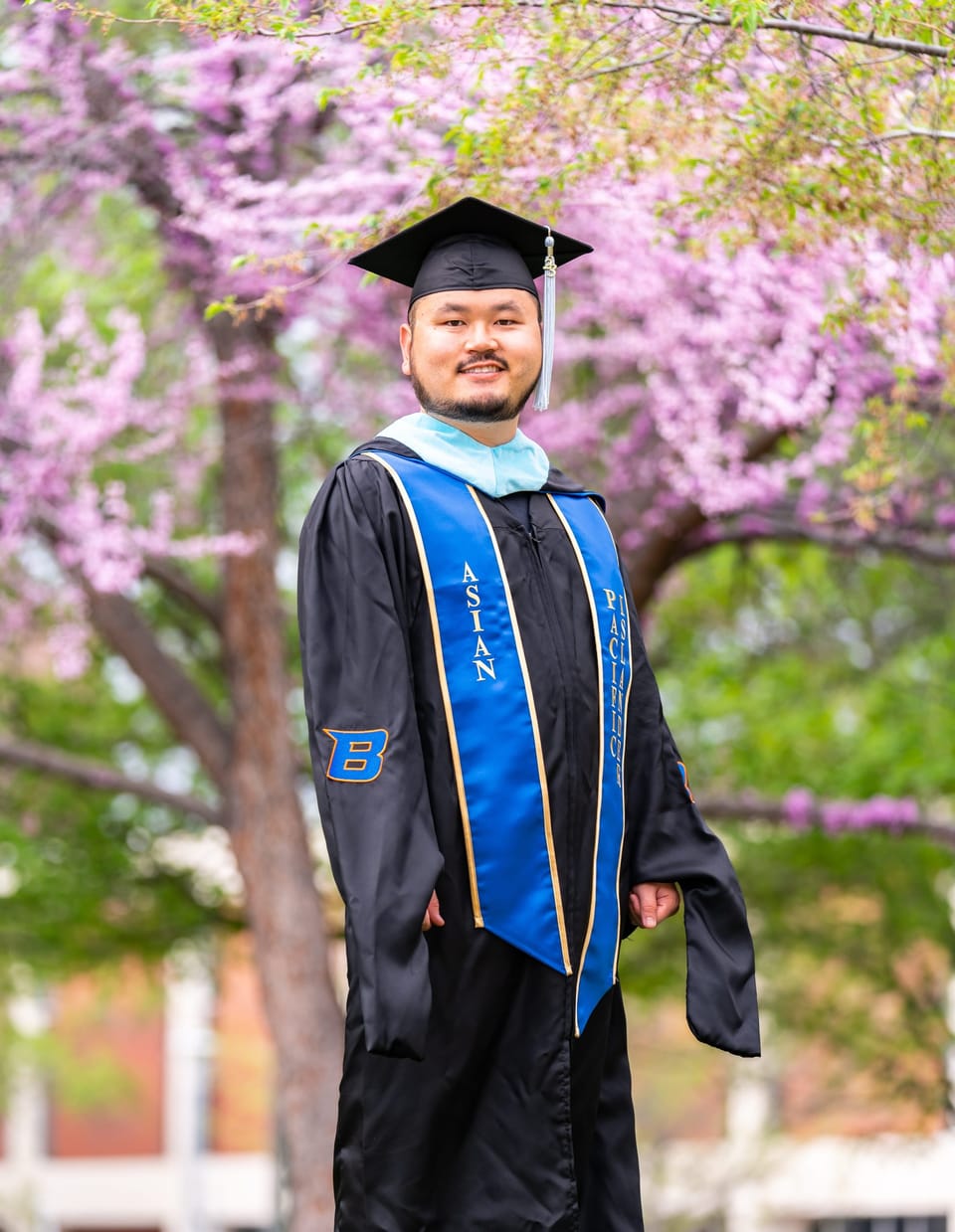 Graduate in cap and gown under pink blossoming trees