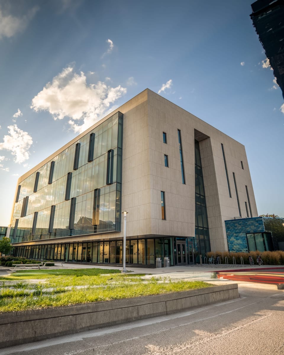 Modern building with bold angular lines under a bright blue sky