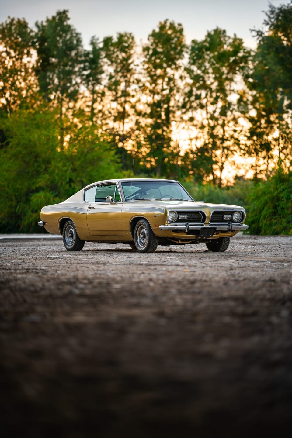 Classic Barracuda framed by trees on a gravel lot